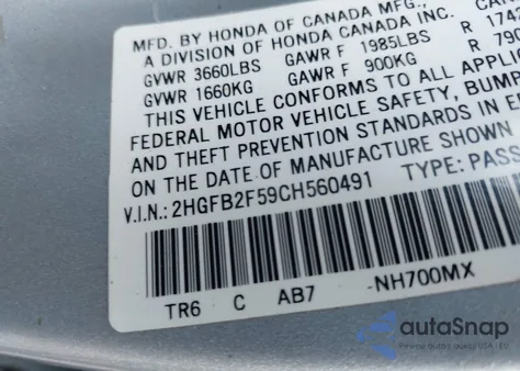 2012 Honda Civic Lx z USA, uszkodzony, nr VIN 2HGFB2F59CH560491